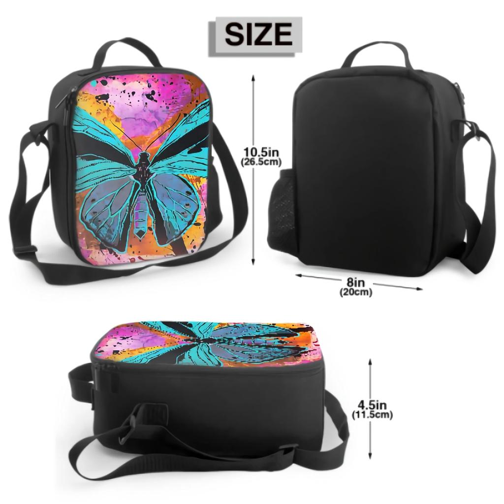 Oil Painting Blue Butterfly Insulated Thermal Lunch Bags for Boys Girls Washable Tote Lunch Food Container for School Travel