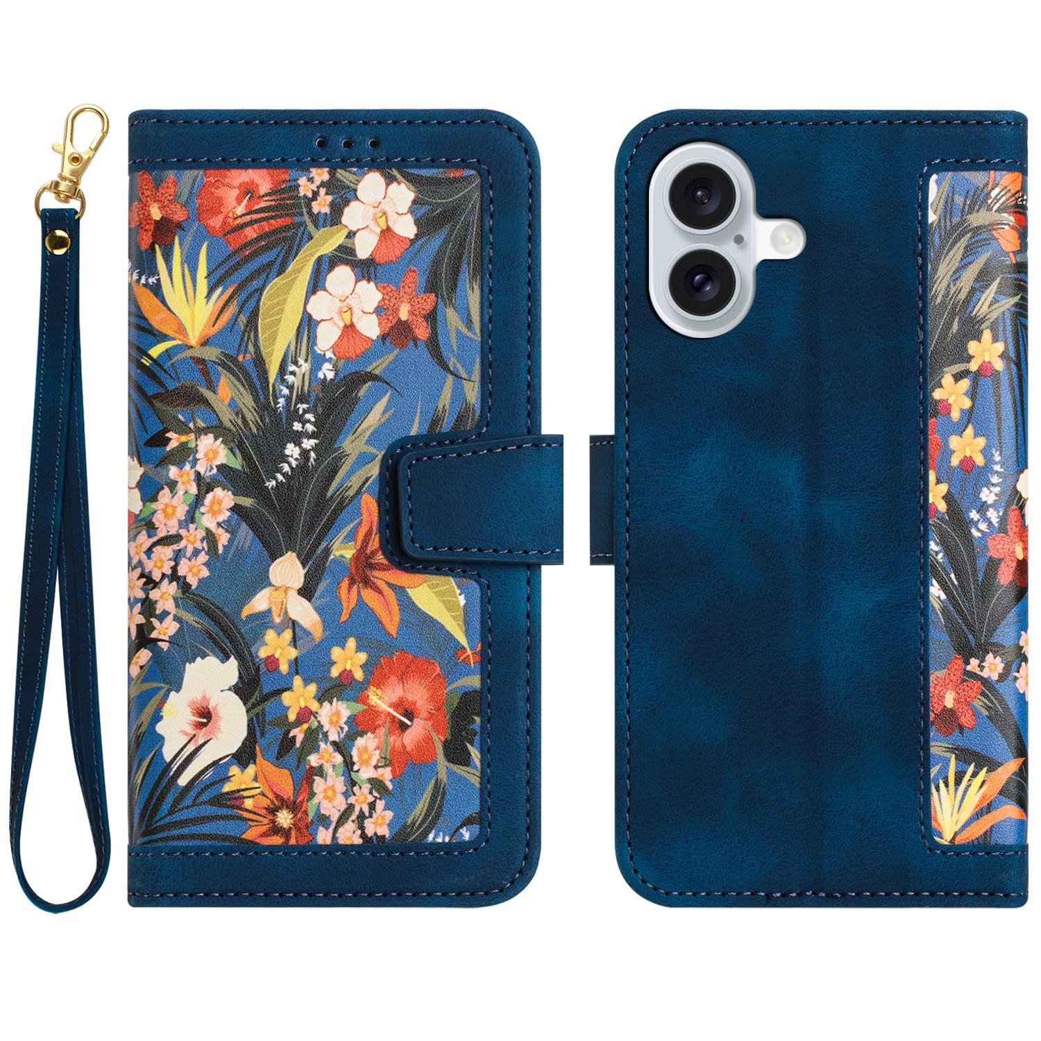 

For iPhone 16 Plus Case Card Slots Flower Pattern Flip Leather Phone Cover Dark Blue