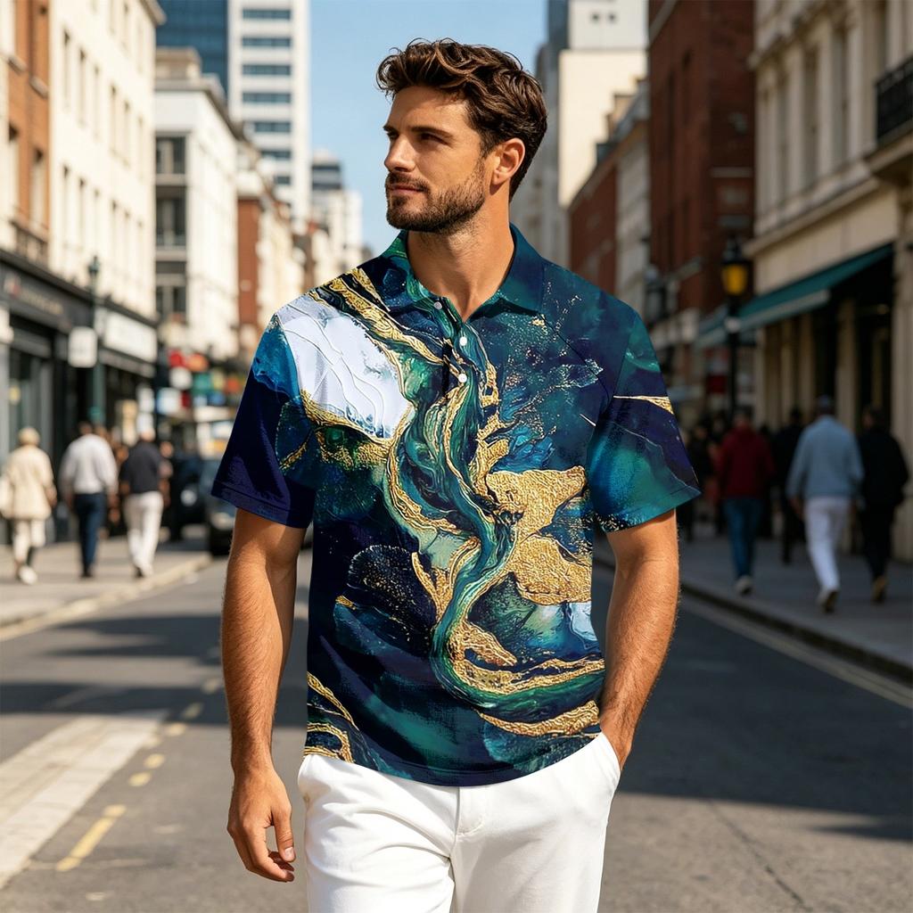 Men Short Sleeve Polo Shirt Lightweight Cotton Linen Breathable Gradient Print Casual Lapel Top for Summer Outfits