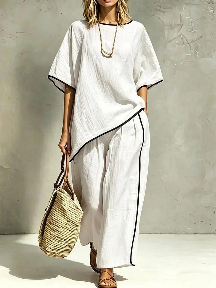 2026 new cross-border European and American women's elegant round neck casual loose short-sleeved two-piece set for women