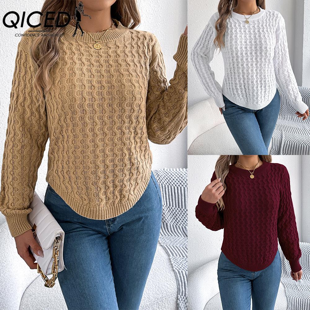 QICED Autumn and Winter Casual Solid Color Twisted Lantern Sleeve Irregular Pullover Sweater Women's Wear