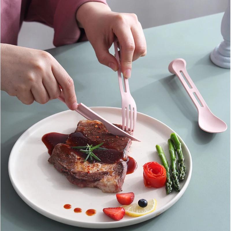 3 In 1 Travel Cutlery Portable Cutlery Box Japan Style Wheat Straw Knives Fork Spoon Student Dinnerware Sets For Outdoor Camping