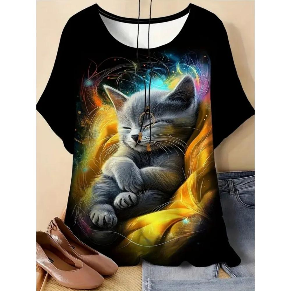 Ladies Fashionable Comfortable Printed Animal T-shirt Interesting Animal Cat Patterns Loose Breathable Large Size Short Sleeved T-shirt