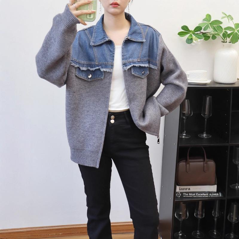 Zipper Splicing Denim Knitted Cardigan Autumn and Winter New Loose Casual Design Sweater Jacket Women