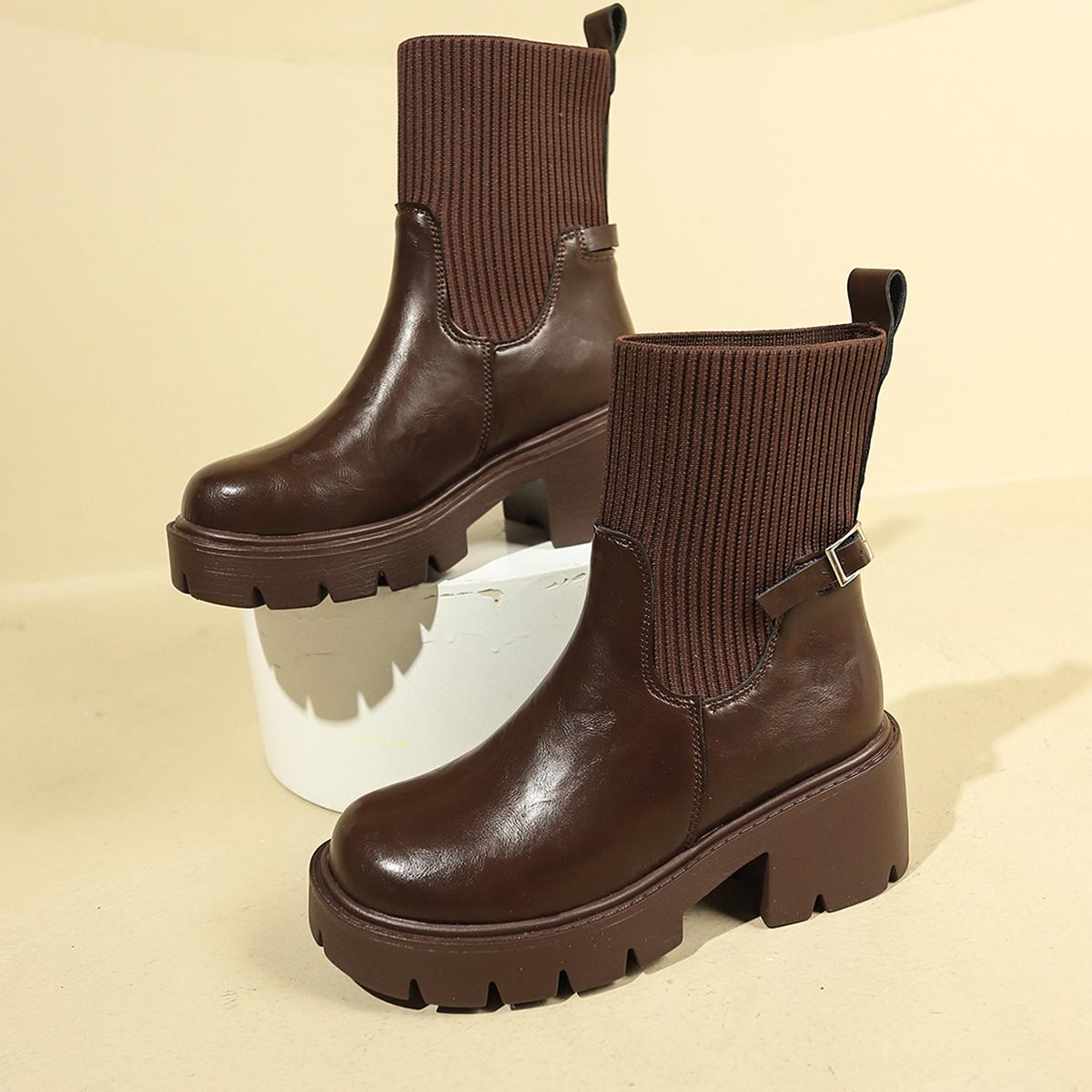 

На улице Пряжка Новинка 2024 Горячая Распродажа Женские Ботильоны Однотонные Зимняя Мода Нескользящие Уличные Женские Ботинки Botines Mujer 43 коричневый