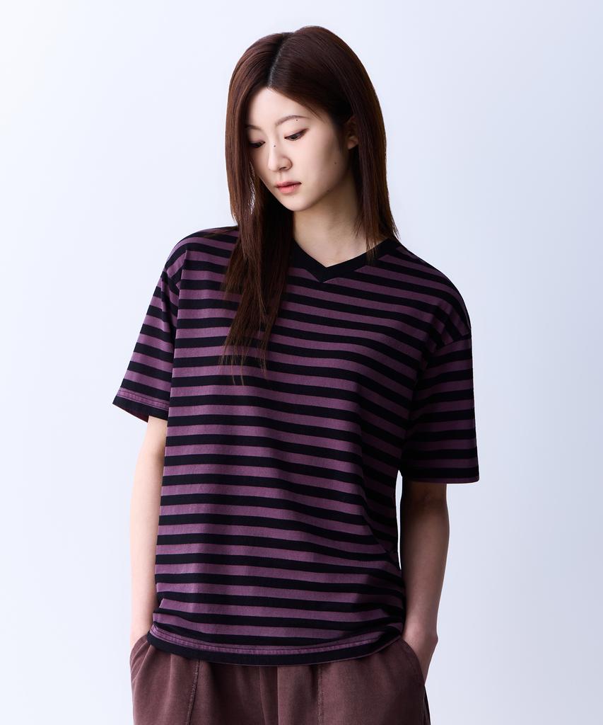 ADERNM Summer Daily Big Stripe Crop V-Neck T-Shirt Purple