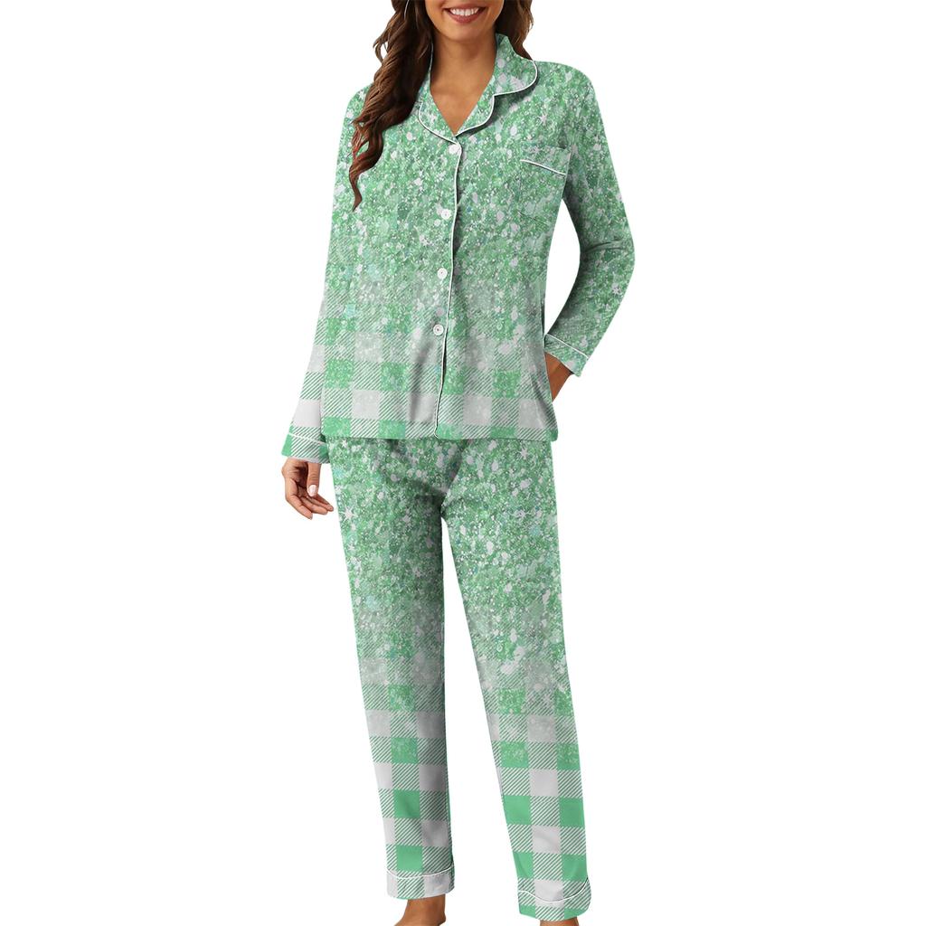 Damen Casual Mode Karomuster Patchwork Druck Langarm Hose Loungewear Set