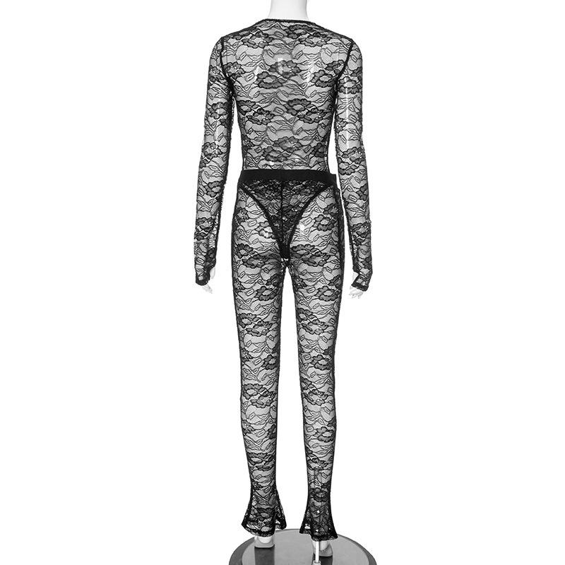 Spring Sexy 2 Two Piece Sets Lace Women Long Sleeve Bodysuits Top+High Waist Pants Suits Black Hollow Out Matching Outfits 2024
