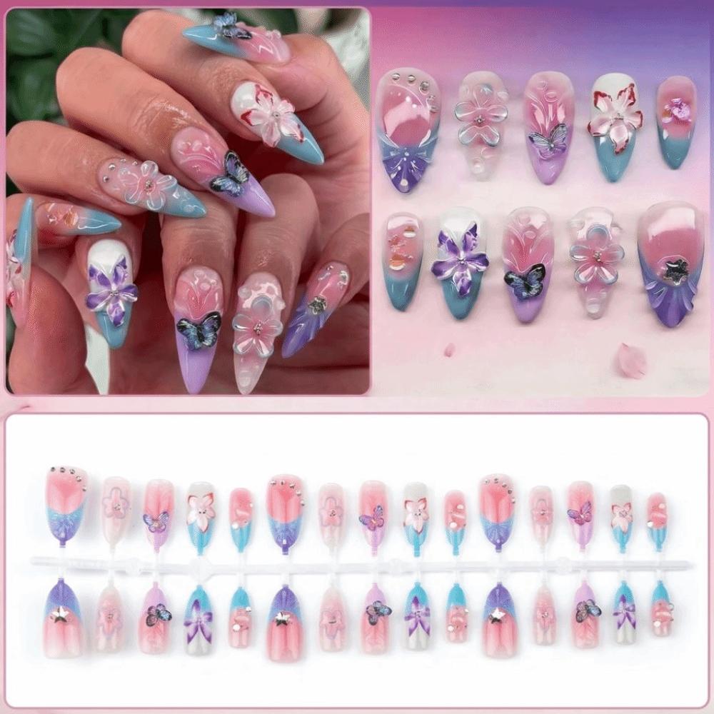 30-piece Set 3D Flower Press-on Nails Almond-shaped Pinkish Purple Artificial Nail Tips Gradient Pink Reusable Gel Fake Nails
