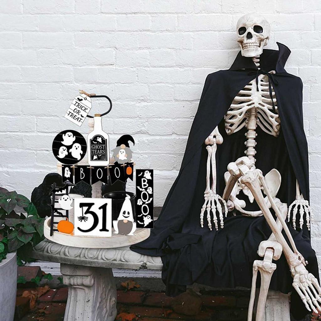 Ghost Tiered Tray Decor Wooden Cute Spooky Desktop Decoration for Festival Kitchen Black and White