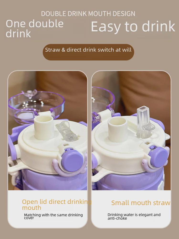 Girls' Stylish 316 Stainless Steel Thermos Cup with Straw & Crossbody Strap, Dual-Opening, 2023 Model