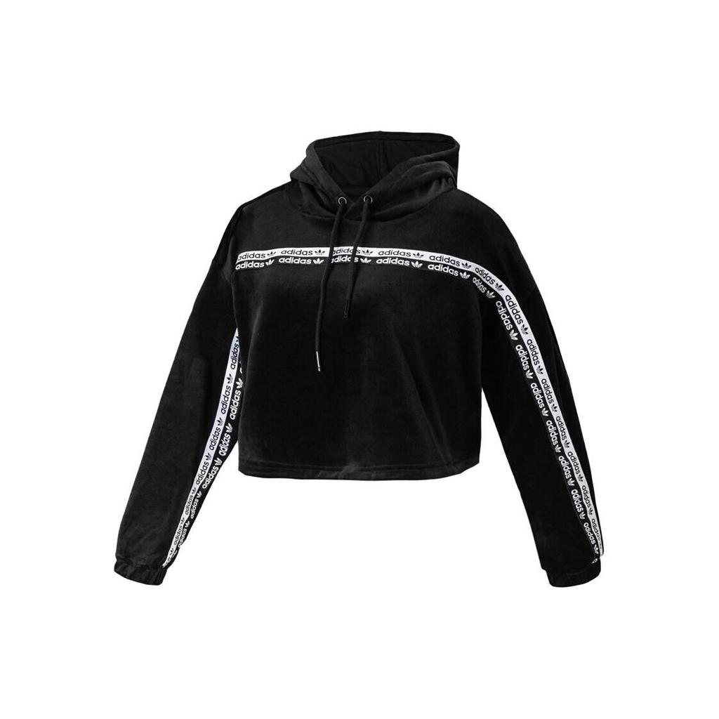 Adidas Originals Clover Logo Print Cropped Hoodie Women Tops Black GI1117