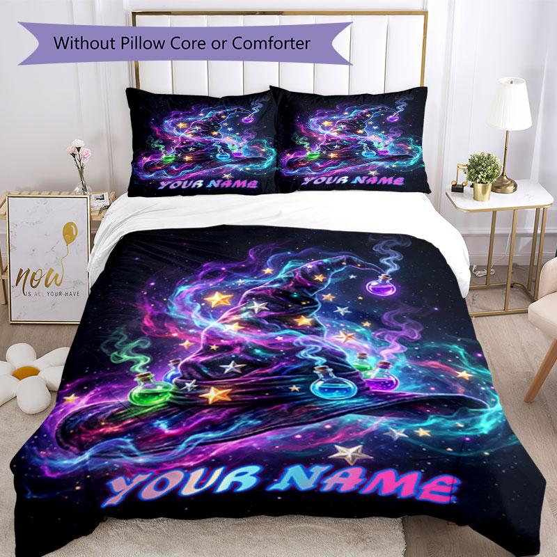 3pcs Custom Name Magical Hat Dreamscape Bedding Set Printed Bedding Set Duvet Cover Closure Includes 1 Duvet Cover & 2 Pillowcases Bedroom Decor