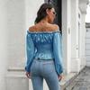 Off Shoulder Hot Style Front Straps Women Blouse Long Sleeve Slim Waist Pleated Short Top Elegant Casual Shirt New Solid Color Ruffled Clothng