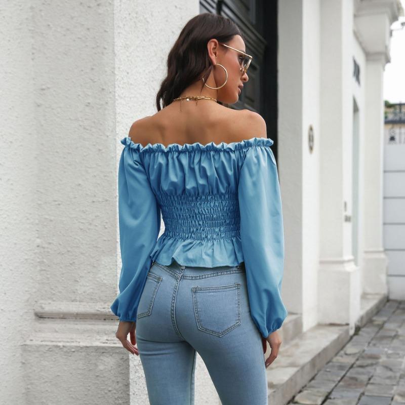Off Shoulder Hot Style Front Straps Women Blouse Long Sleeve Slim Waist Pleated Short Top Elegant Casual Shirt New Solid Color Ruffled Clothng