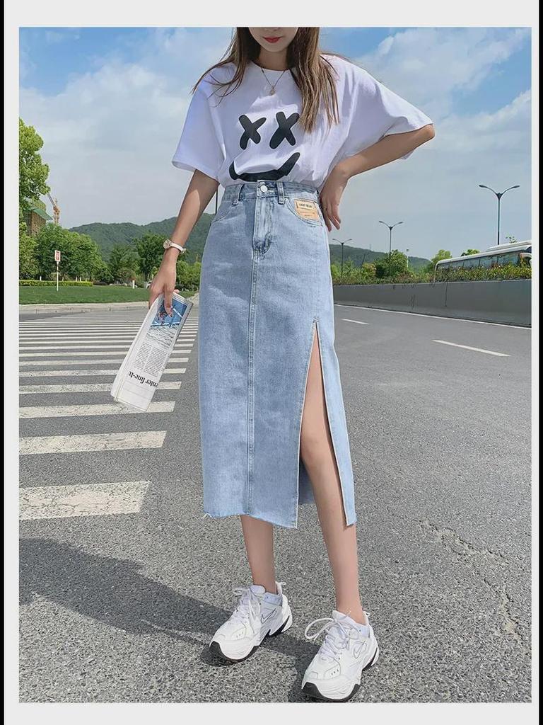 Black High Waist A-Line Denim Skirt with Side Slit - Trendy Summer Fashion for Women