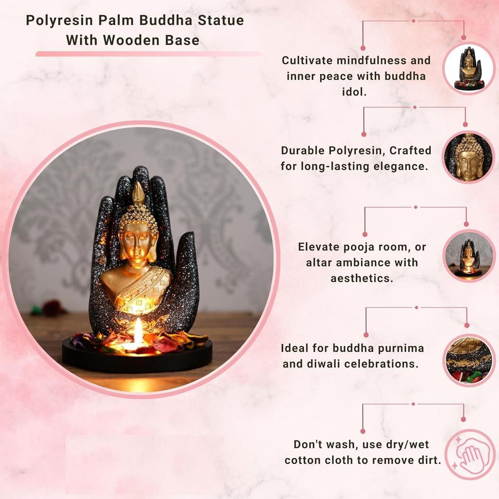 Černá Zlatá Pryskyřičná Socha Palmy Buddhy Svícen na Čajovou Svíčku | Buddha Exponát pro Domácí Dekoraci Obývací Pokoj Kancelář | Gautam Buddha Idol Dárek Nejnovější