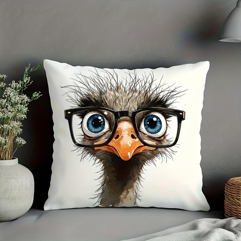 1Pc Cute Ostrich Wearing Glasses Printed Throw Pillow Cover,Suitable For Sofa,Bedroom,Livingroom,A Unique Gift For Animal Lovers