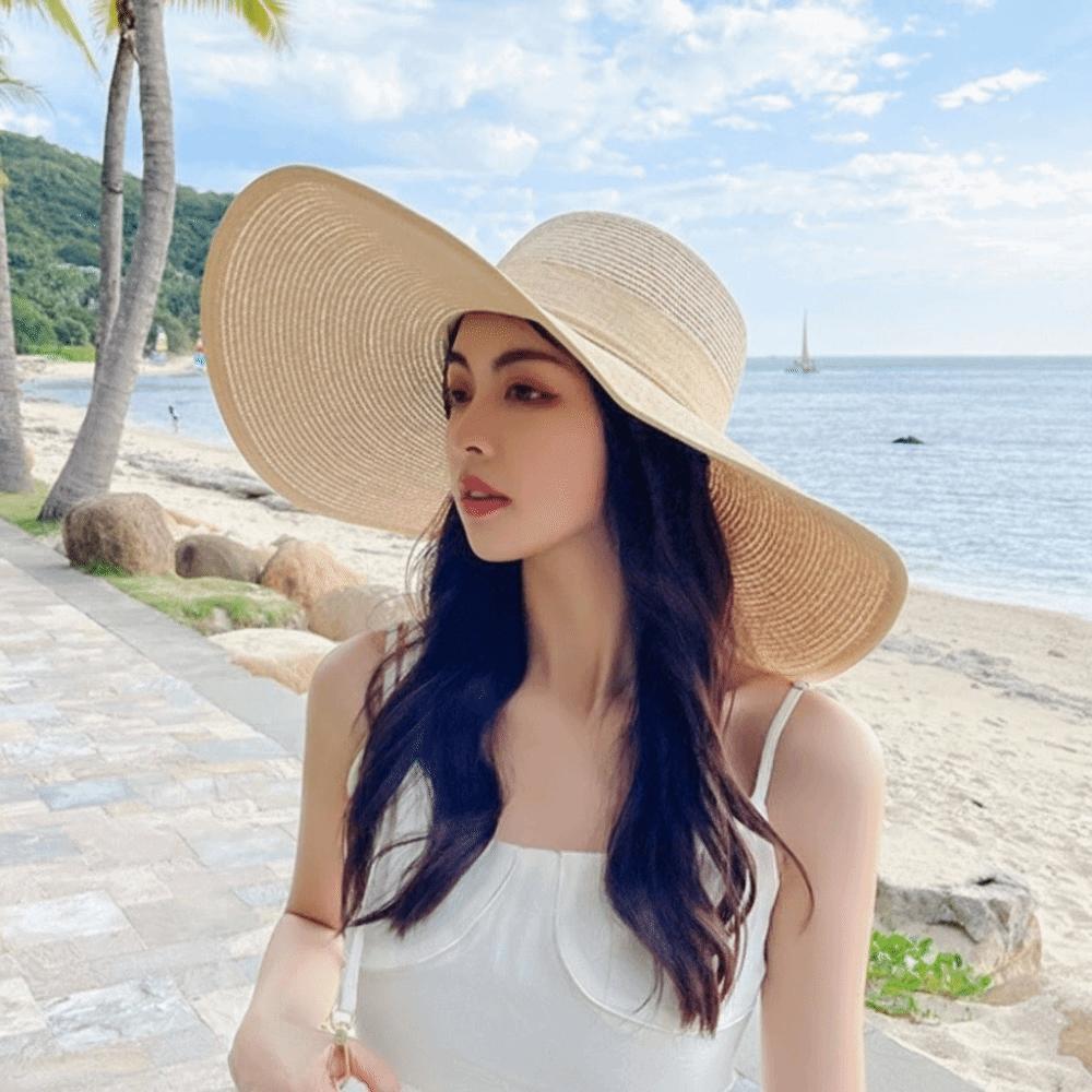 Schleifenband-Geflecht Sonnenhut Mit breiter Krempe Sonnenschutzhut Faltbarer Stroh-Sonnenhut Sommer