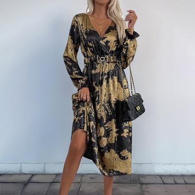 Autumn Women's Temperament V-neck Long-sleeved A Hem Dress