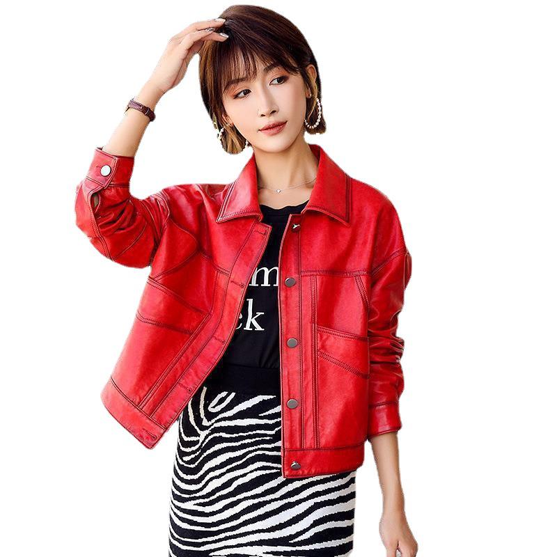 Women's Lambskin Leather Motorcycle Jacket, Slim Fit, Short Style, Lapel Design, Ideal for Petite Sizes.