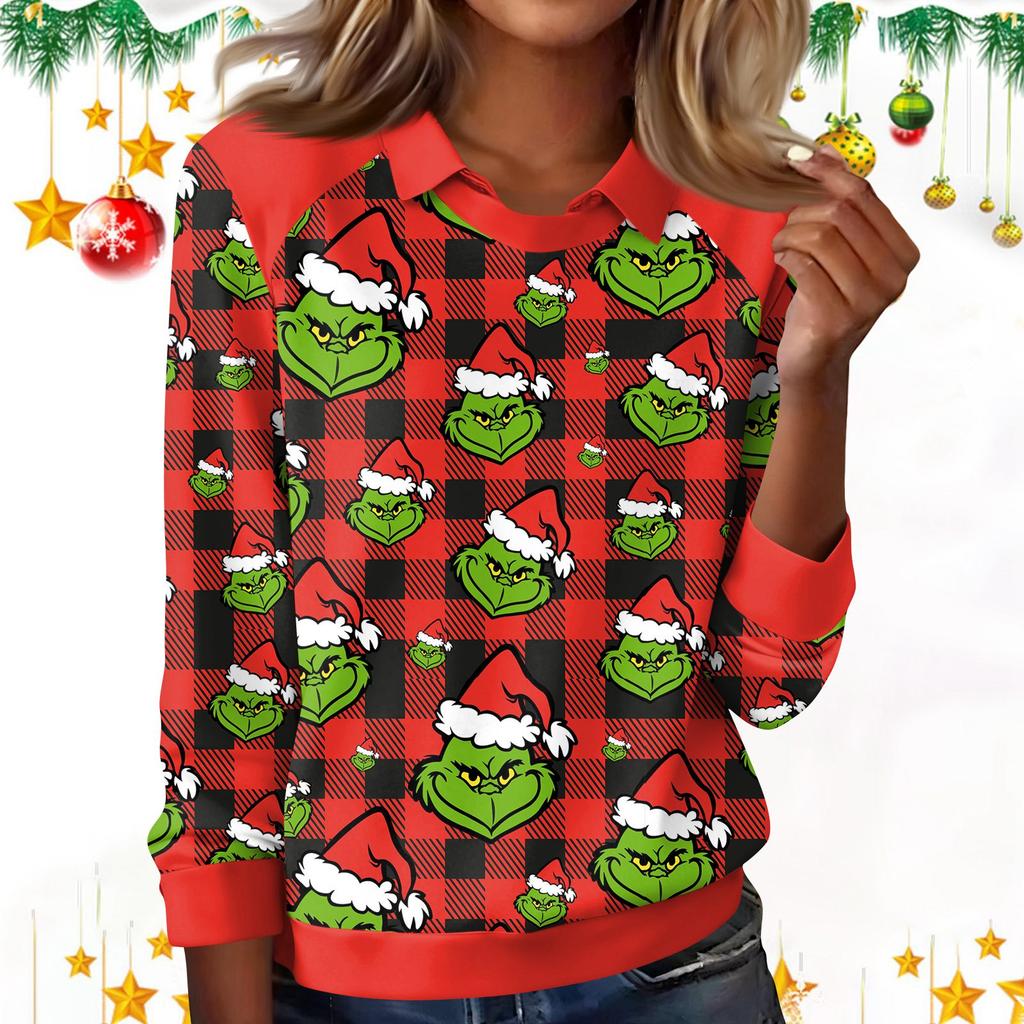 Women's Fashion Christmas Print Lapel Long Sleeve Casual Crewneck T-Shirt Top