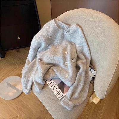 Gray Heavy Industry Diamond-encrusted Soft Waxy Knitted Sweater Women's Autumn and Winter New Sweater Design Sense Niche Lazy Wind Loose Top