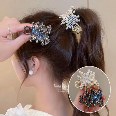 Simulated Pearl Small Claw High Ponytail Hairpins Fashion Rhinestone Shark Clips for Women Thick Long Hair