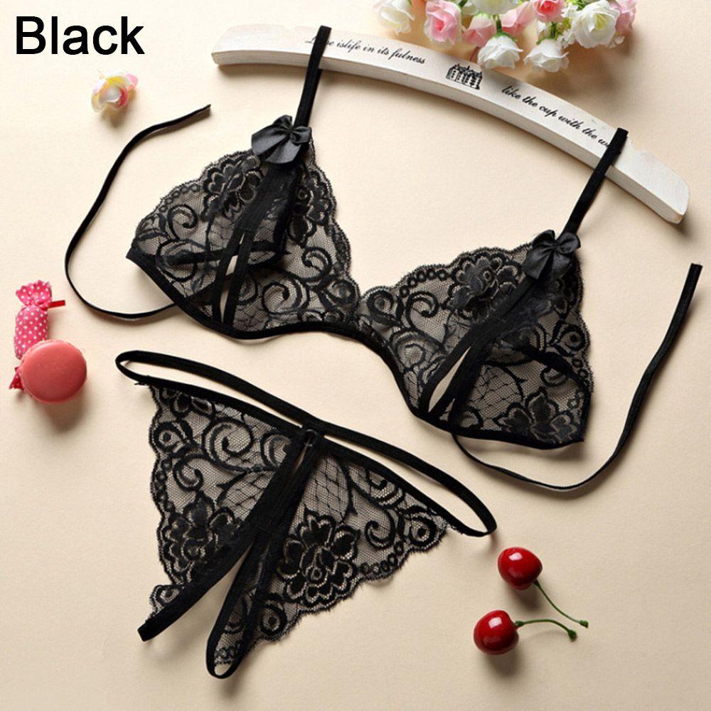 Transparent Thong Floral Panty Women Bra Lace Lingerie Open Cup