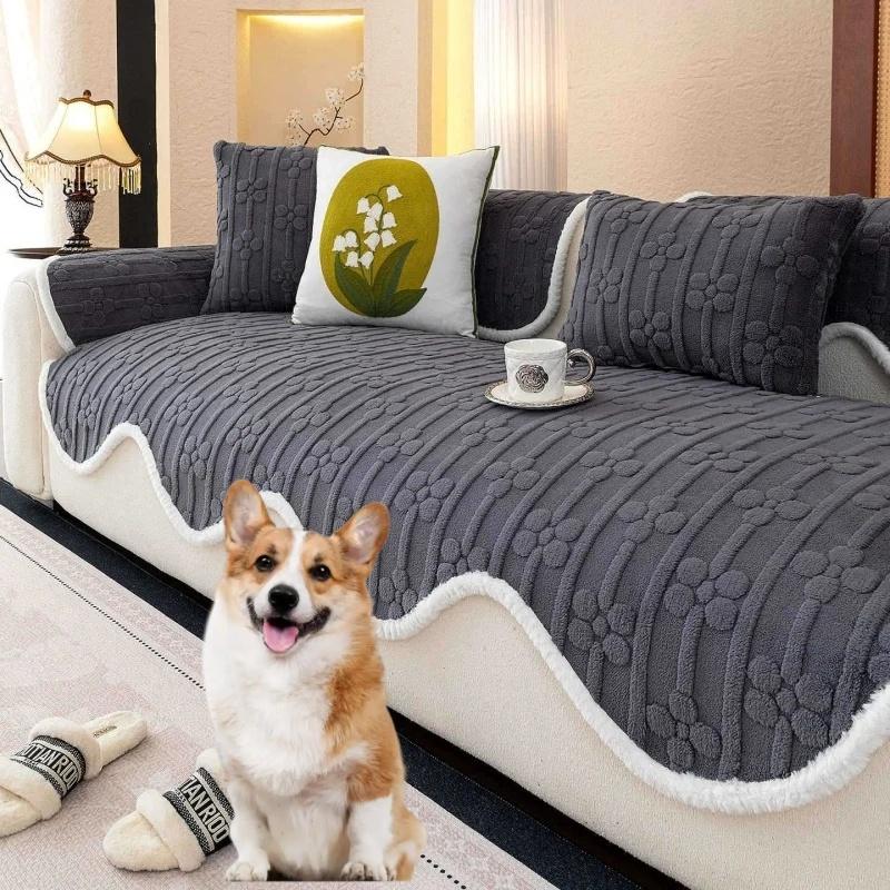 1Count Asymmetric Edge Couch Fitted Covers Cozy Plush Fabric Chilly Season L Couch Fitted Covers Cat Dog Pet Claw Proof Seat Fitted Cover