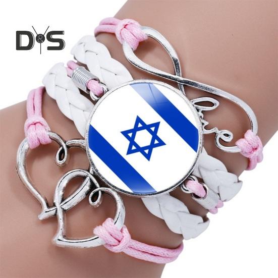Round Israel Flag Decor Bracelet Multi Layer Adjustable Handmade Bracelet Metal Letter Decor Faux Leather Wristband Jewelry Gift