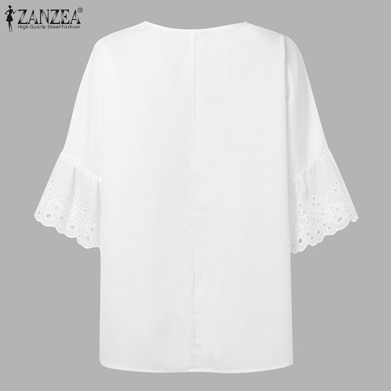 ZANZEA Women Lace Crochet V-Neck Loose Casual 3/4 Sleeve Blouse