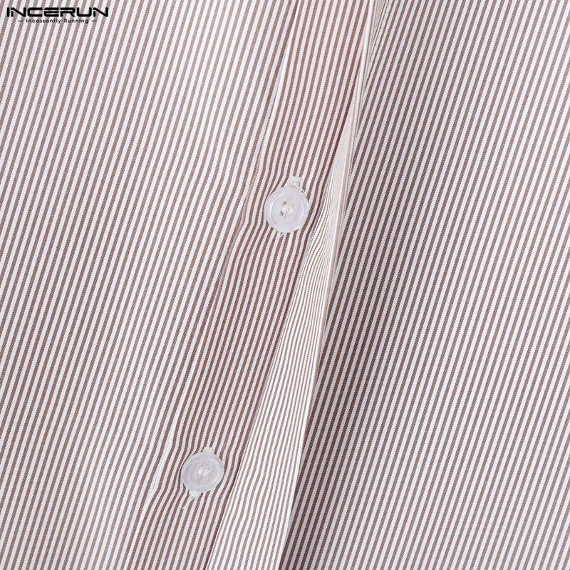 INCERUN Oversized Men Casual Loose Long Sleeve Striped Print Short Shirts Tops