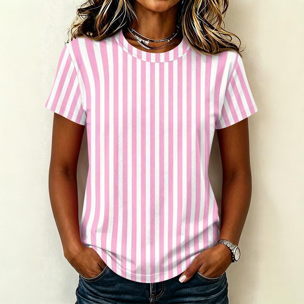Women's Casual Crew Neck Short Sleeve Pullover T-Shirt Vertical Stripe Print Top Lightweight Soft Fabric Summer Wear