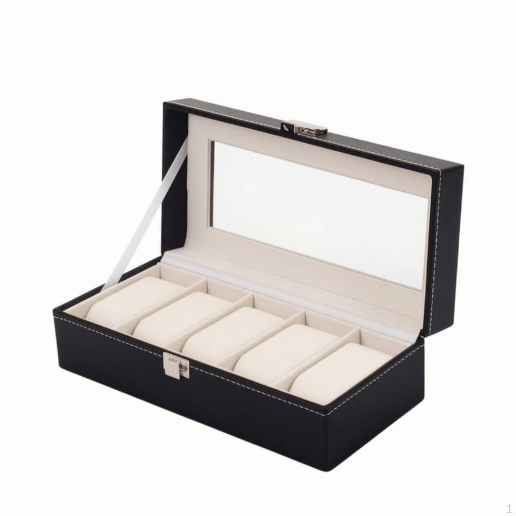 Watch Box with Glass Lid 5Slot Masculine Black, Dresser, Bedroom, Countertop