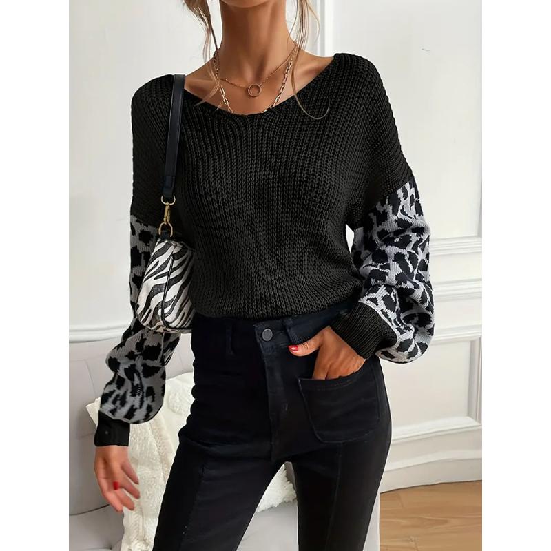 Women's Autumn Winter V-Neck Knitwear Loose Casual Top with Leopard Print Splicing Versatile Fashionable Sweater