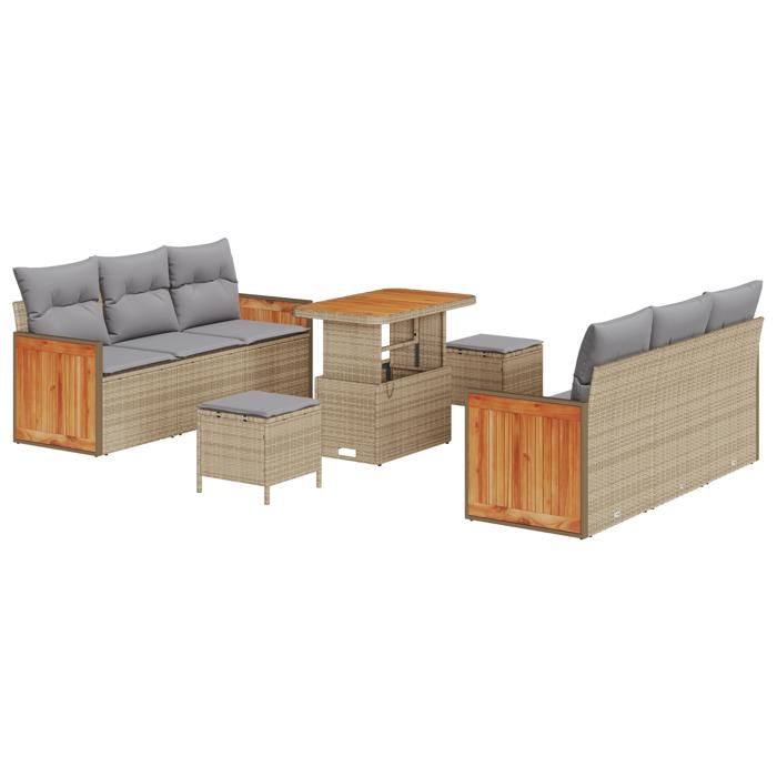 Ensemble de Canapé de Jardin vidaXL de 9 Pièces avec Coussins en Rattan Polybeige et Acacia, Canapé de Jardin 2 Places 3363262