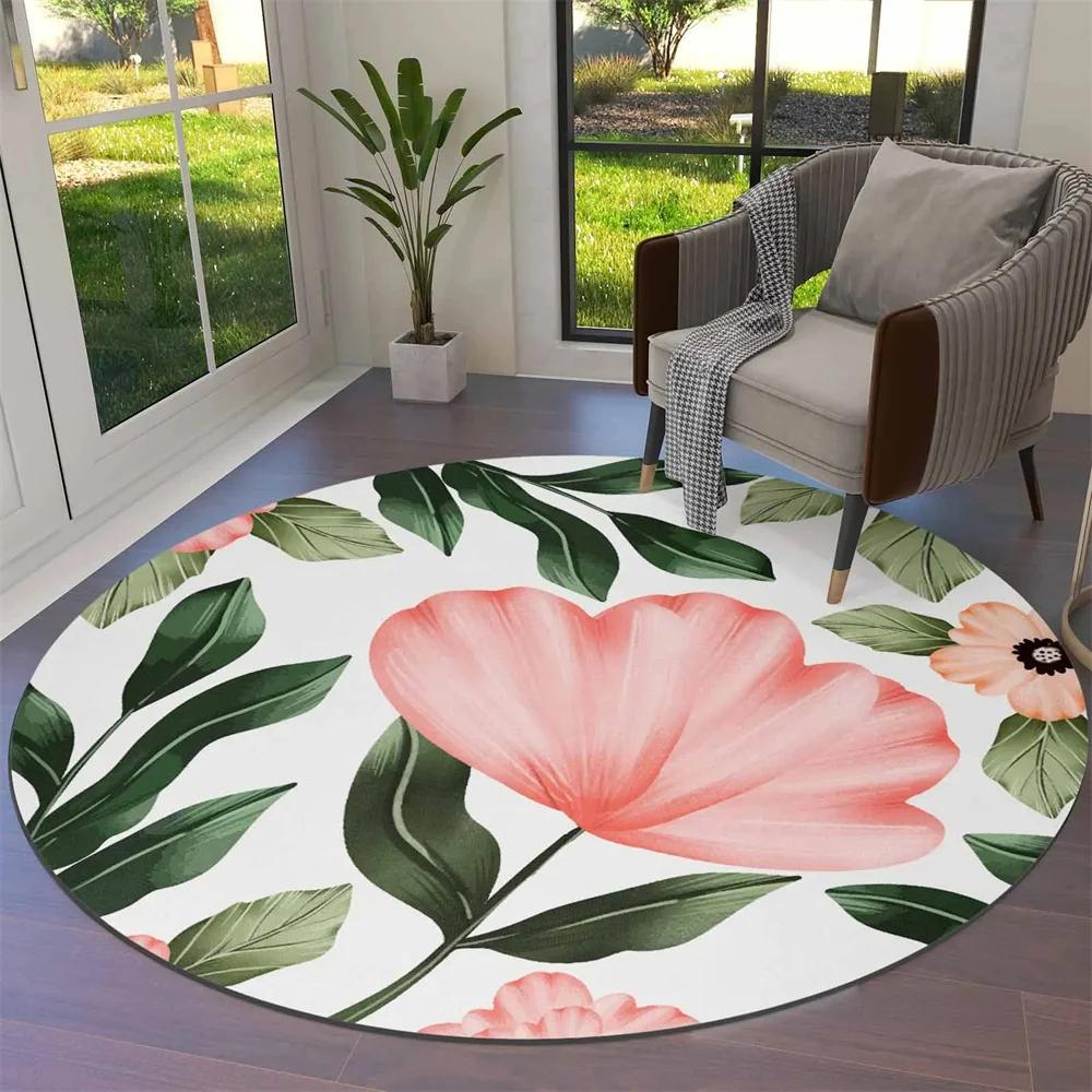 Watercolor Flower Round Rug Non-slip Floral Carpet for Living Room Bedroom Kitchen Decor Circle Doormat