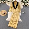 High-End Two-Piece Suit Women's Summer Style Contrast Color Suit Jacket High Waist Mid-Length Slit Skirt