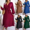 Elegant Women Pleated Maxi Dress Long Sleeve V Neck