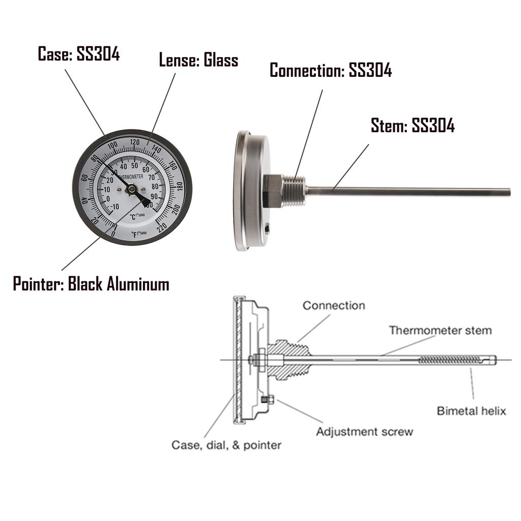 Homebrew Weldless Thermometer Kit Bi-metal Dial Thermometer 1/2"NPT Connection 3" Face Dual C & F Scale Boil Kettle Wort Chiller