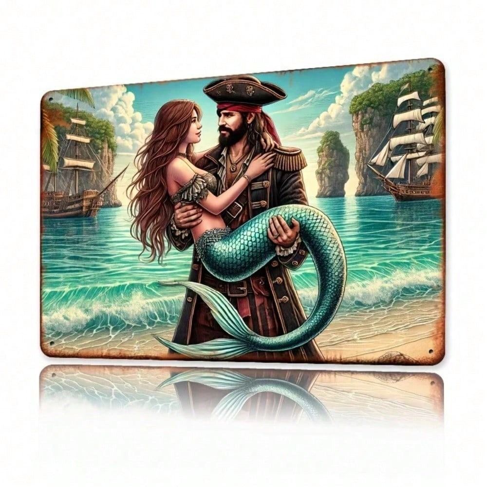 Vintage Metal Poster Mermaid Pirate, Retro Nautical Wall Art for Bar