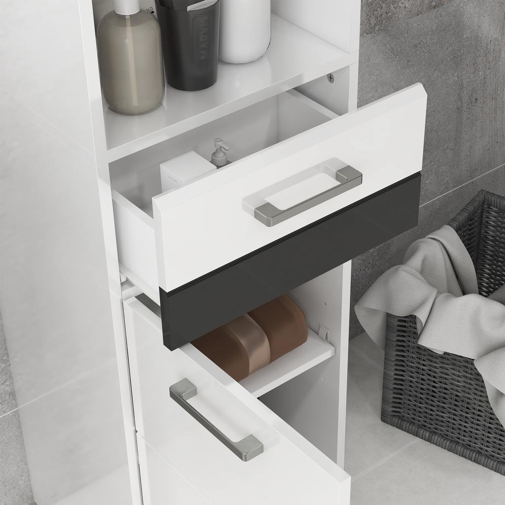 Bathroom Column in MDF with Open Shelf, Drawer and Closed Cupboard, 37x32.5x170 cm, White