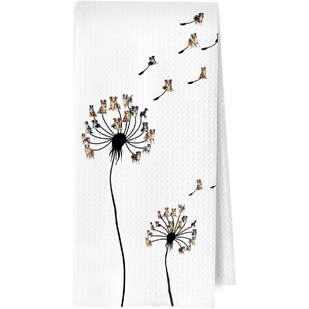 Pug Gifts Kitchen Towels, Pug Love Gifts Decorative Waffle Dish Towels, Funny Dandelion Dog Hand Tea Towel, 16x24 Inch Australian Shepherd