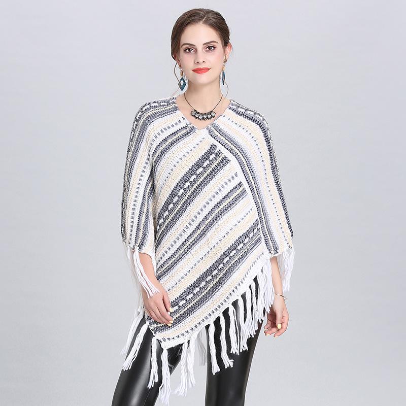 Exclusive For South American Tassel Cape Shawl V-Neck Diagonal Striped Pullover Women 1527 #