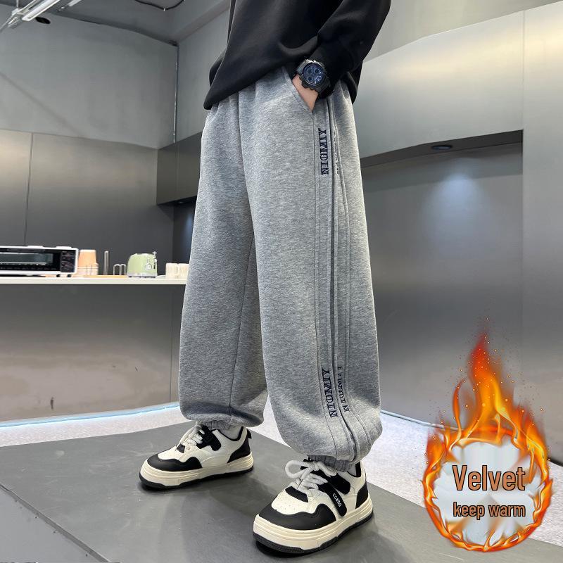 Boys' Fleece-Lined Thick Winter Sports Pants, New 2025 Style, One-Piece Sweatpants for Older Children