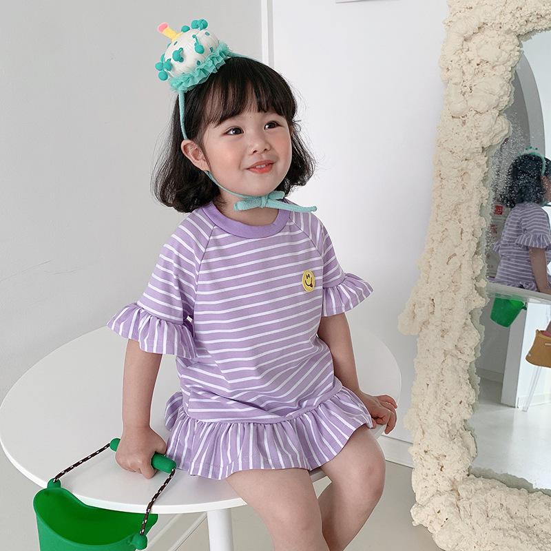 2025 Summer Korean Style Ruffle Sleeve Dress for Girls - Short Sleeve Striped Skirt