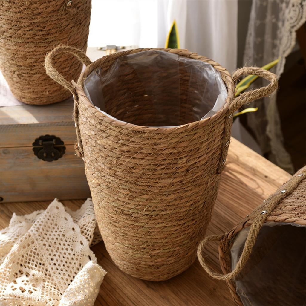 Straw Woven Basket Vase Dried Flowers Wicker Flower Pot for Living Room Flower Arrangements M