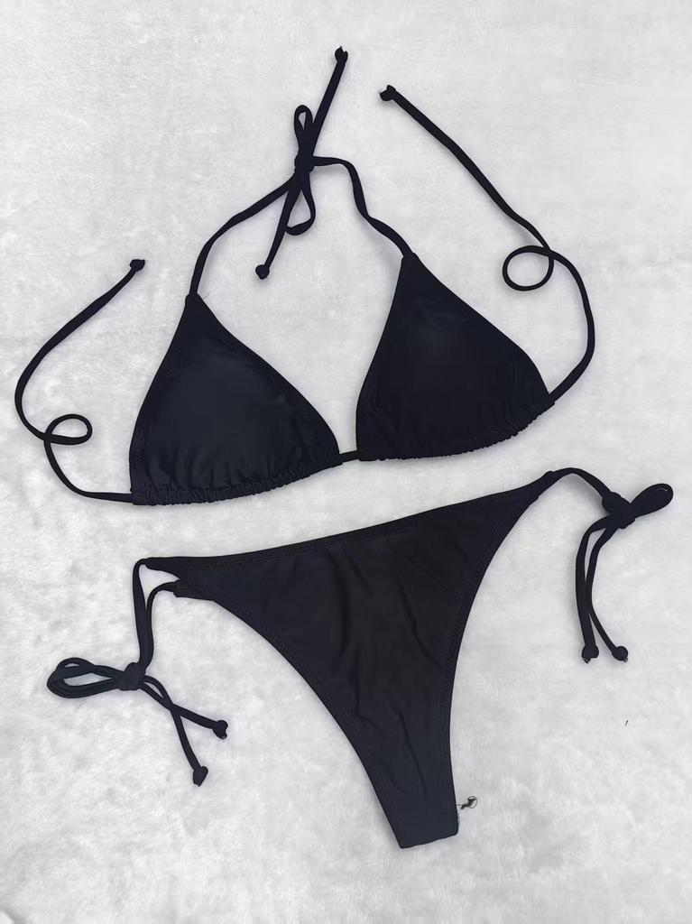2025 Triangle Cup Lace-Up Thong Bikini Swimwear - Solid Color, European & American Style