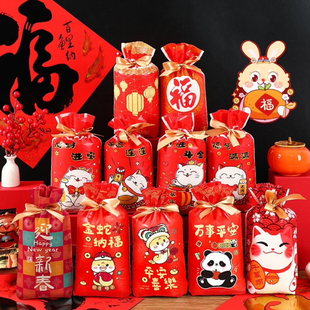 50Pcs Lucky Cat Cookie Biscuit Package New Year Party Supplies Drawstring Gifts Bag  New Year